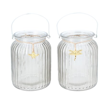 Glass T Lite Jar 14cm - Ribbed w Gold Bugs, 2as
